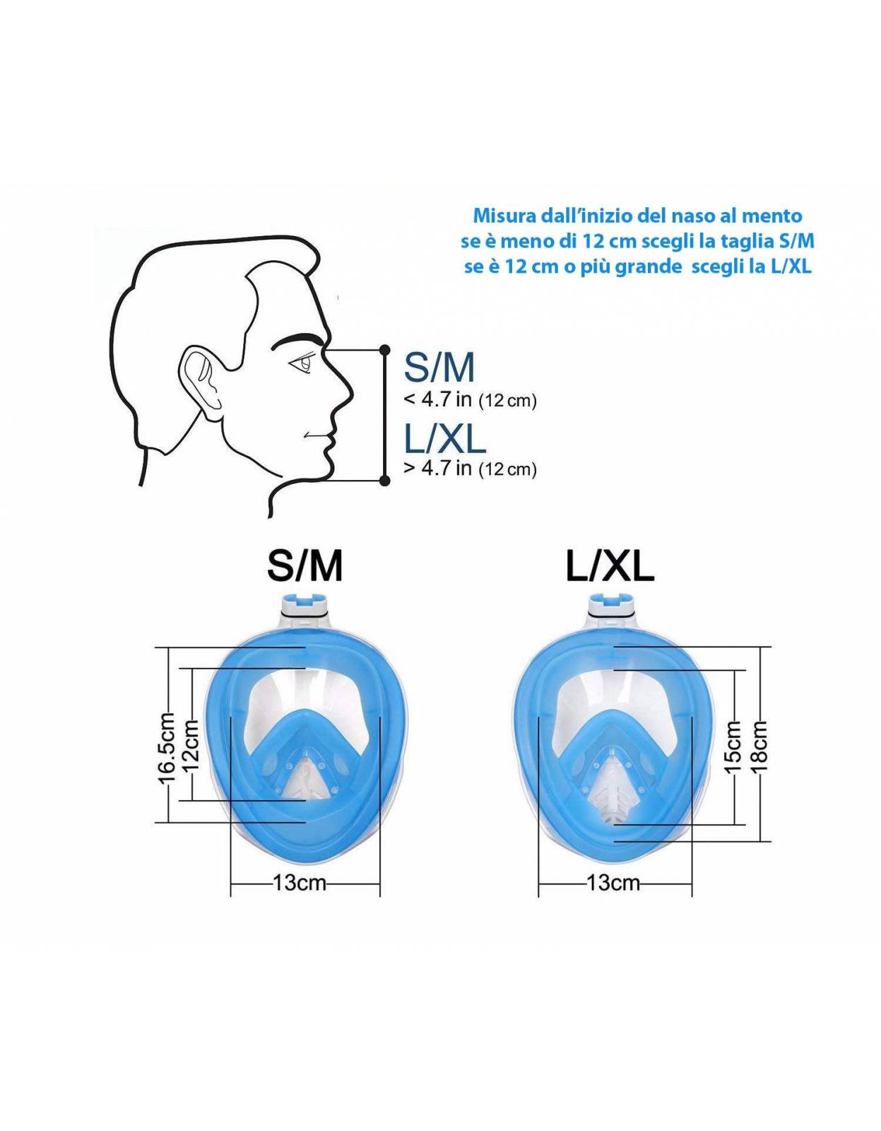 Maschera Snorkeling Scuba a tutto viso misure taglie e dimansioni